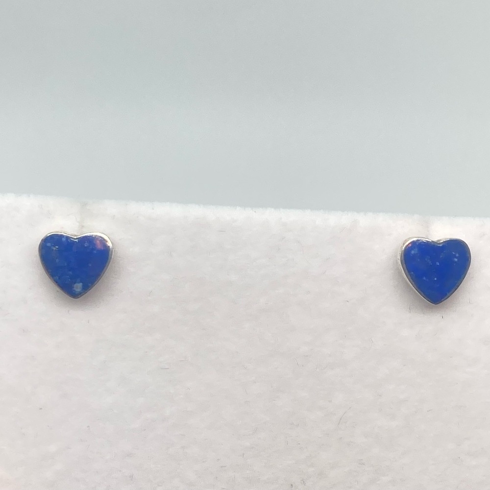 Vtg Sterling Silver & Lapis Lazuli Heart Shaped Stud Earrings 9mm x 8mm